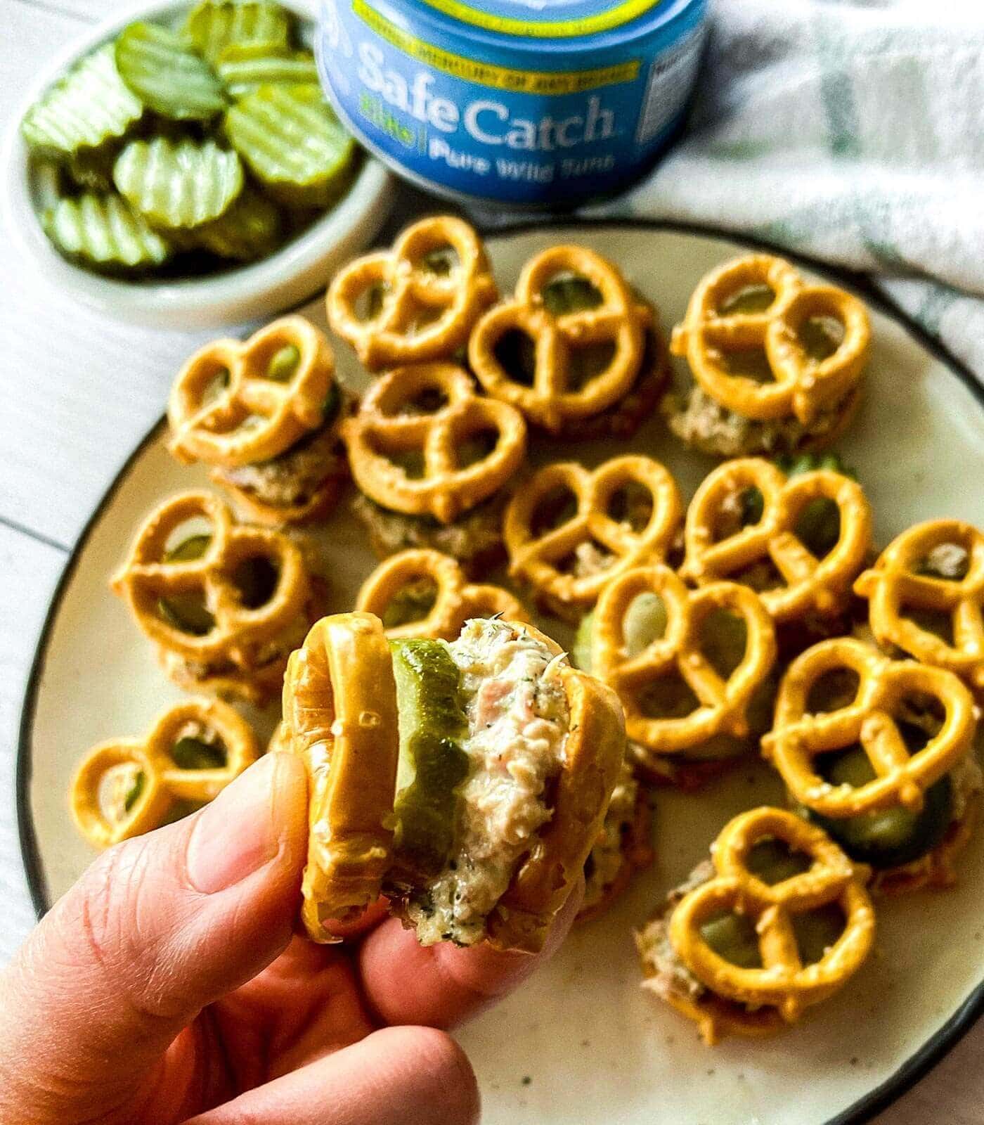 Tuna pickle pretzel sandwiches